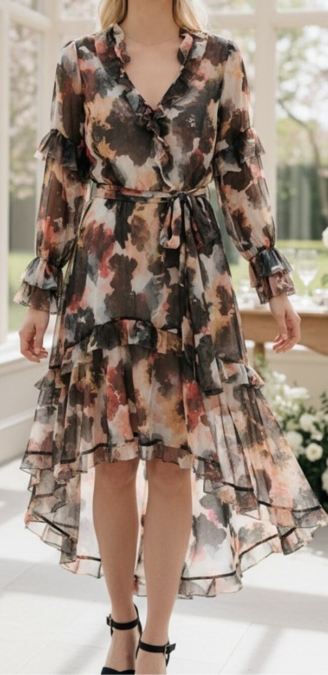 NWT MARCHESA ROSA DRESS WEDDING GUEST ABSTRACT FLORAL ASYMMETRIC MAXI SPRING